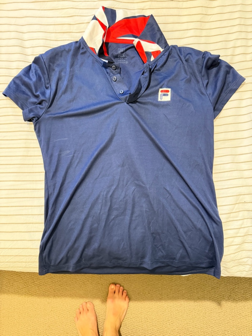 Fila Men's Blue Polo with Red and White Collar Accents